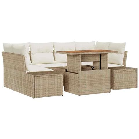 Set da Pranzo da Giardino 7 Pezzi con Cuscini Beige in Rattan Polipropilene e Acacia - Foto 1