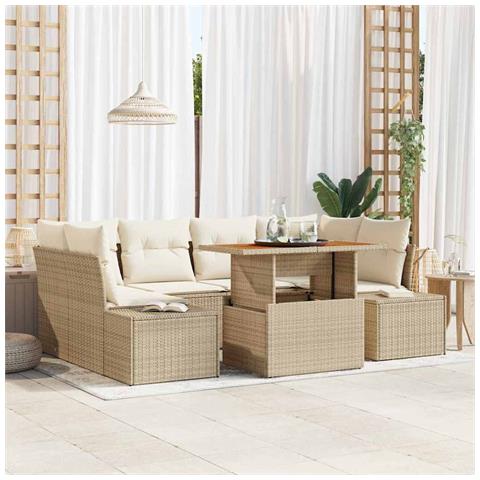 Set da Pranzo da Giardino 7 Pezzi con Cuscini Beige in Rattan Polipropilene e Acacia - Foto 2