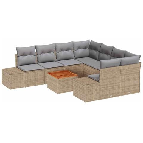 Set di Divani da Giardino 9 Pezzi con Cuscini Beige Polyrattan Acacia - Foto 1