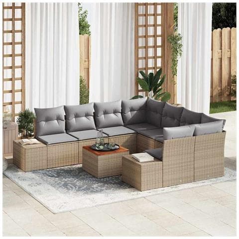 Set di Divani da Giardino 9 Pezzi con Cuscini Beige Polyrattan Acacia - Foto 2