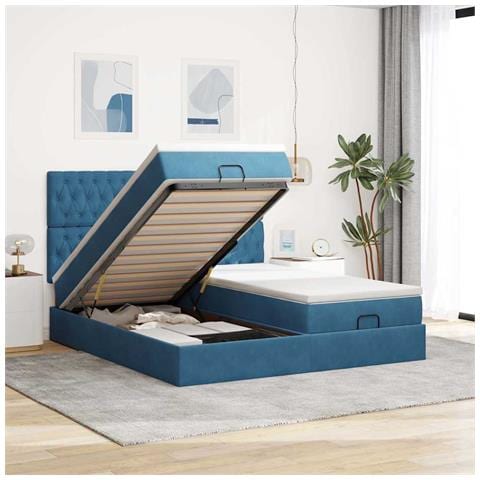 Pouf Letto con Materassi e LED Blu Scuro 200x200cm Velluto - Foto 2