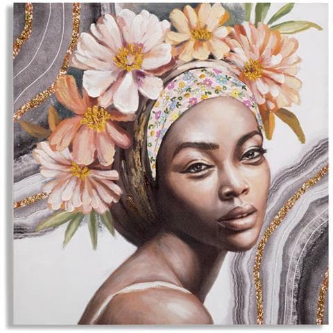 Dipinto Su Tela Naomi A, Ritratto Femminile Con Fiori E Turbante - Foto 1