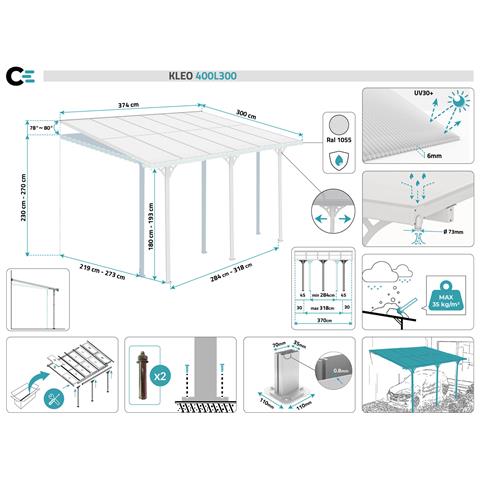 Tettoia Per Terrazza, Auto Addossata Kleo 400l300 Alluminio Bianco - Foto 11