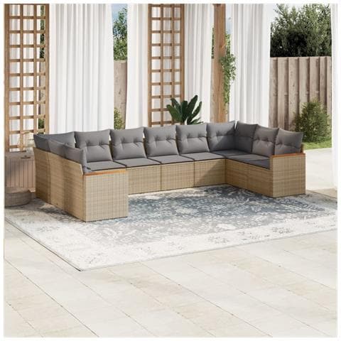 Set Divano Da Giardino 10 Pz Con Cuscini Beige In Polyrattan - Foto 1