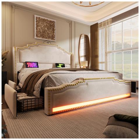 Letto Imbottito 140×200, Letto Matrimoniale Con 4 Cassetti, Letto Contenitore E Letto Per Ragazzi, Beige - Foto 4