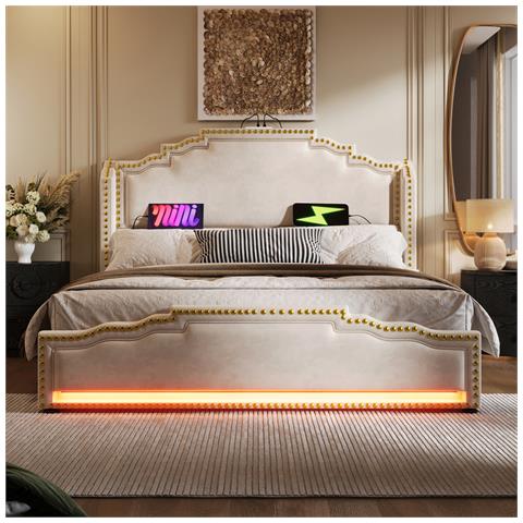 Letto Imbottito 140×200, Letto Matrimoniale Con 4 Cassetti, Letto Contenitore E Letto Per Ragazzi, Beige - Foto 1