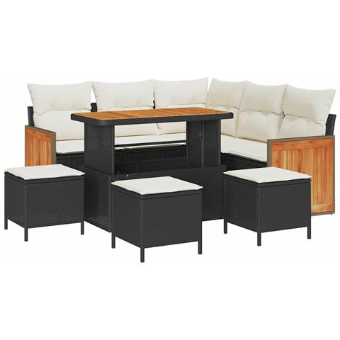 Set di divani da giardino  9 pezzi con cuscini neri in polyrattan e acacia, Divano da giardino a 2 posti  con cuscini neri in polyrattan, Set da pranzo da giardino composto da 4 pezzi con cuscini neri in polyrattan e acacia - Foto 1