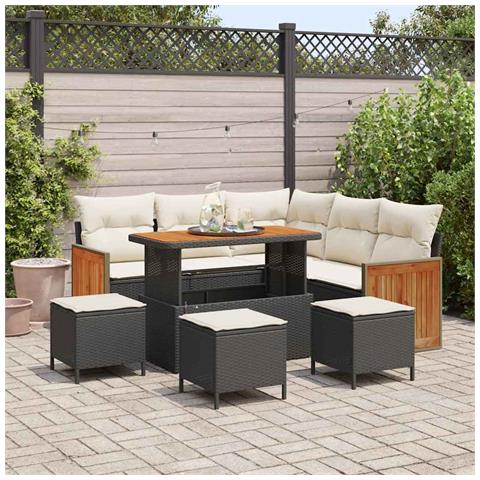 Set di divani da giardino  9 pezzi con cuscini neri in polyrattan e acacia, Divano da giardino a 2 posti  con cuscini neri in polyrattan, Set da pranzo da giardino composto da 4 pezzi con cuscini neri in polyrattan e acacia - Foto 2