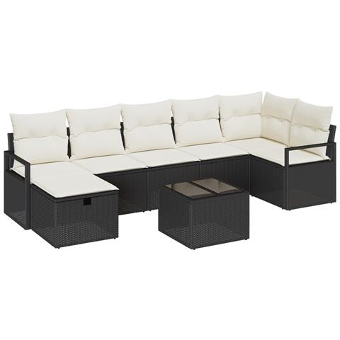 Set Divano da Giardino 8 Pezzi con Cuscini Nero Polirattan, Divano da Giardino 2 Posti con Cuscini Nero Polirattan - Foto 1