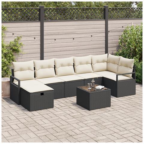 Set Divano da Giardino 8 Pezzi con Cuscini Nero Polirattan, Divano da Giardino 2 Posti con Cuscini Nero Polirattan - Foto 2