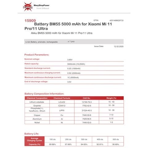 Oem Batteria Testata Ricambio Pari Originale Bm55 Per Xiaomi Mi 11 Pro - Mi 11 Ultra - Foto 2
