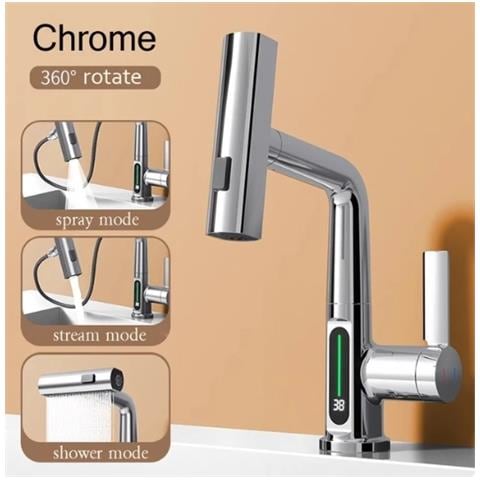 Rubinetto per lavabo da bagno, Blackswan, tipo M325, modello cromato intelligente, con display LCD, 3 modalità e doccia a cascata mobile, dimensioni 23 cm - Foto 2
