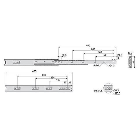 3043505 Coppia Di Guide / binari Con Cuscinetti A Sfere Ad Estrazione Totale 45mm X 450mm Per Cassetto, Set Di 5 - Foto 3