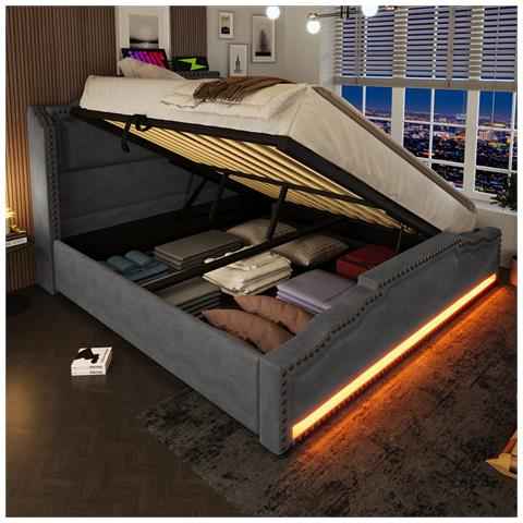 Letto Imbottito 140x200, Letto Matrimoniale Con Contenitore Idraulico, Letto Contenitore E Letto Per Ragazzi, Grigio, Senza Materasso - Foto 4