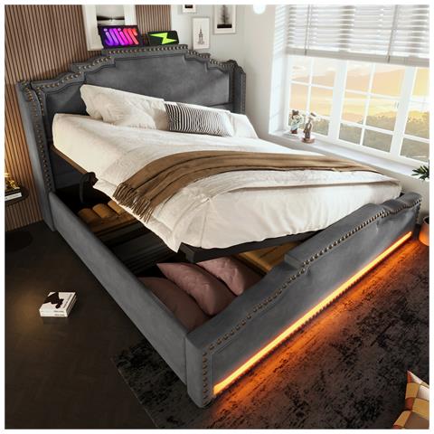 Letto Imbottito 140x200, Letto Matrimoniale Con Contenitore Idraulico, Letto Contenitore E Letto Per Ragazzi, Grigio, Senza Materasso - Foto 1