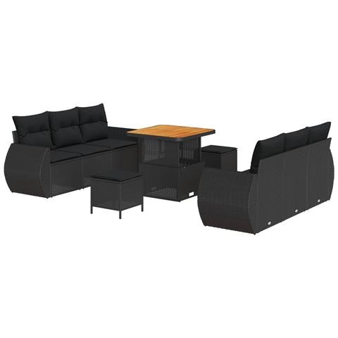 Set di Divani da Giardino da 9 Pezzi con Cuscini in Rattan Polietilene Nero, Set da Pranzo da Giardino da 3 Pezzi con Cuscini in Rattan Polietilene Nero - Foto 1