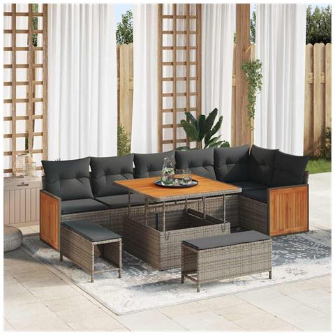 Set divani da giardino  9 pezzi con cuscini grigio polyrattan acacia, Set divani da giardino  2 posti con cuscini grigio polyrattan, Set pranzo da giardino  3 pezzi con cuscini grigio polyrattan acacia - Foto 2