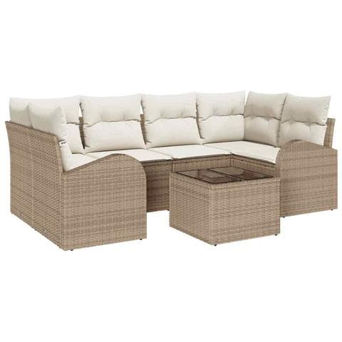 Set Divano da Giardino 7 Pezzi con Cuscini Beige Polyrattan - Foto 1