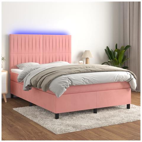 Letto a Molle con Materasso e LED Rosa 140x190 cm in Velluto - Foto 2