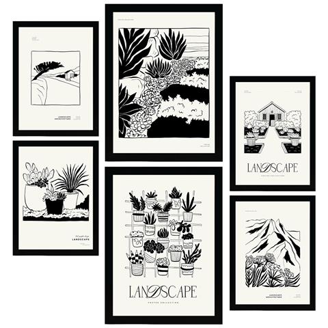 Set Di 6 Stampe Stampe Artistiche E Astratte Per L'interior Design Con Inchiostro Nero Per Il Giardino Succulento A3 & A4 Senza Cornice - Foto 1