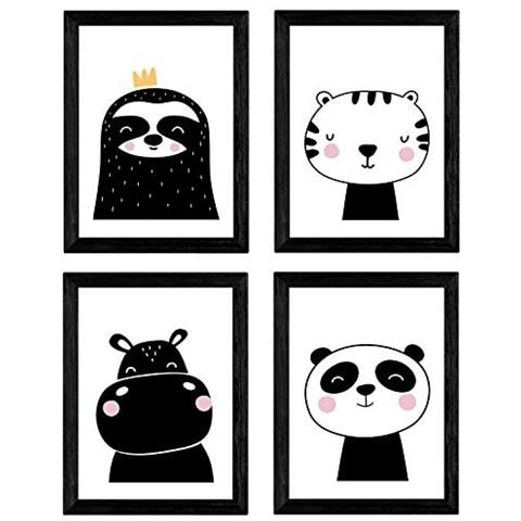 Set Di 4 Stampe Ipopotamos, Gatto, Orso E Faccia. Poster Di Animali Senza Cornice A4 - Foto 1