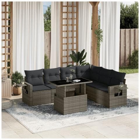 Set Divani Da Giardino 7 Pz Con Cuscini Grigio In Polyrattan - Foto 1