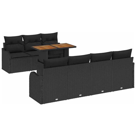Set Divano da Giardino 8 Pezzi con Cuscini Nero Polyrattan Acacia, Divano da Giardino 2 Posti con Cuscini Nero Polyrattan - Foto 1