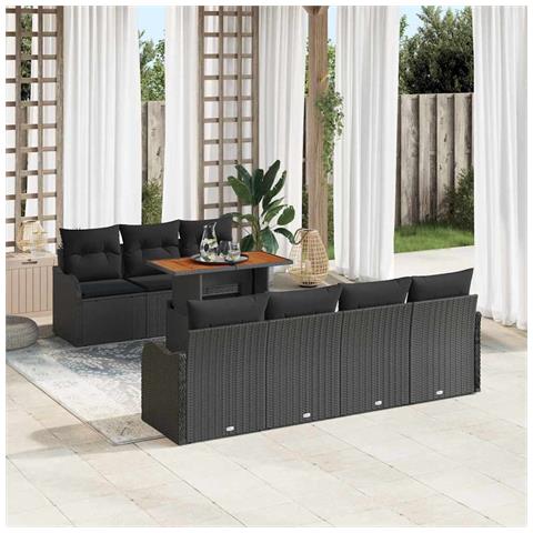 Set Divano da Giardino 8 Pezzi con Cuscini Nero Polyrattan Acacia, Divano da Giardino 2 Posti con Cuscini Nero Polyrattan - Foto 2