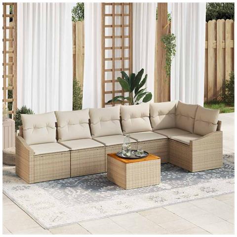 Set Divano da Giardino 7 Pezzi con Cuscini Beige Polyrattan Acacia - Foto 2