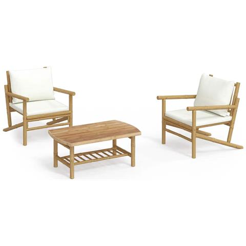 Set Salotto da Giardino 3pz con Cuscini Bianco Crema in Bambù - Foto 1