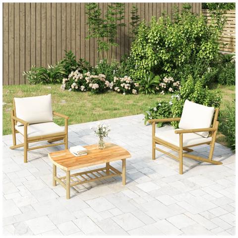 Set Salotto da Giardino 3pz con Cuscini Bianco Crema in Bambù - Foto 2