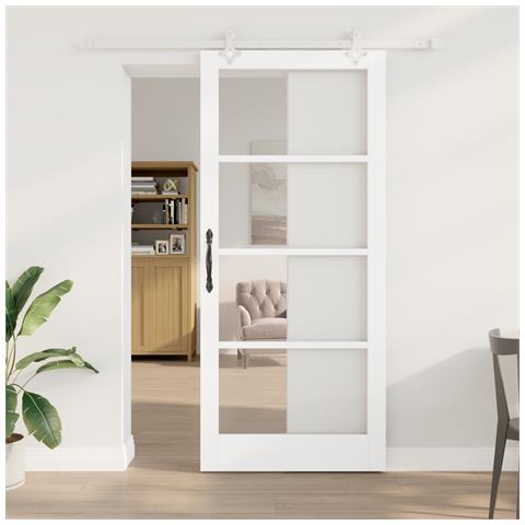 "Set Porta Scorrevole  con Hardware Bianco 93x211 cm Legno Massiccio di Pino, Porta Interna  con Vetro ""ORKDAL"" Bianca 93x211x4 cm" - Foto 2