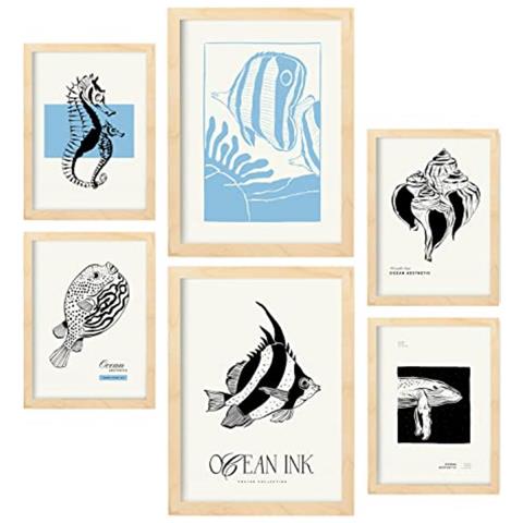 Set Di 6 Stampe Stampe Artistiche Con Motivi Marini A Inchiostro Nero Raffiguranti Mare E Oceano Per L'interior Design A3 & A4 Telaio In Legno Chiaro - Foto 1