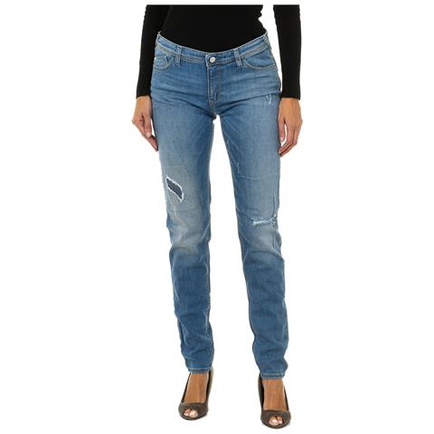 Pantaloni Lunghi In Denim Effetto Consumato E Strappato Da Donna 3y5j28-5d0uz - Foto 1