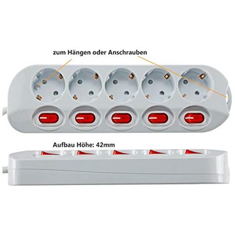 Presa Da Tavolo Con Interruttore Singolo, 3 O 5 Prese, Bianco, Cavo Da 1,5 M, Interruttore Illuminato, Sicurezza Per Bambini (5 Prese, Interruttore Illuminato, Bianco)  - Foto 2