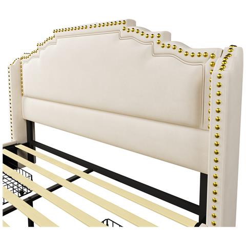 Letto Imbottito 160×200, Letto Matrimoniale Con 4 Cassetti, Letto Contenitore E Letto Per Ragazzi, Beige - Foto 2