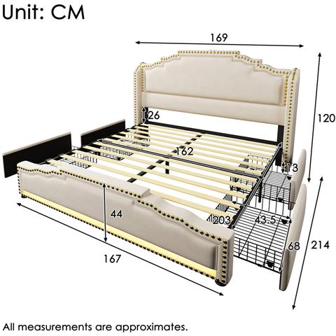 Letto Imbottito 160×200, Letto Matrimoniale Con 4 Cassetti, Letto Contenitore E Letto Per Ragazzi, Beige - Foto 1