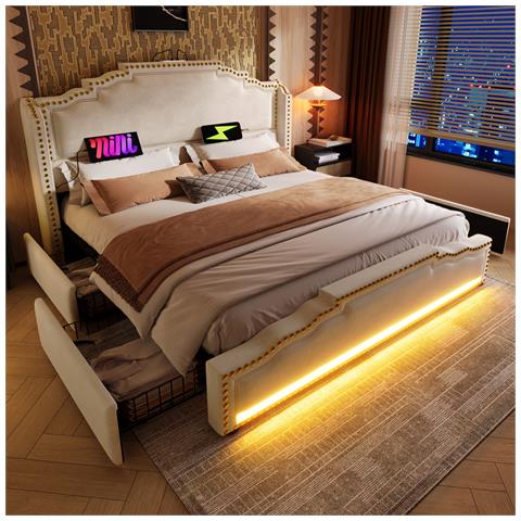 Letto Imbottito 160×200, Letto Matrimoniale Con 4 Cassetti, Letto Contenitore E Letto Per Ragazzi, Beige - Foto 4