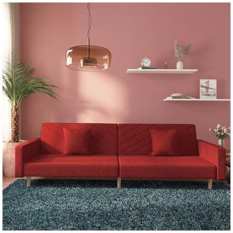 Divano Letto a 2 Posti con 2 Cuscini Rosso Vino in Tessuto - Foto 2