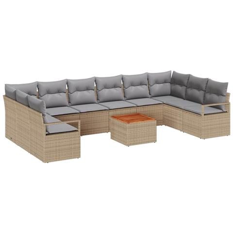 Set Divano Giardino 11 Pezzi con Cuscini Beige Polyrattan Acacia, Divano Giardino 2 posti con Stoccaggio e Cuscini Beige Polyrattan - Foto 1