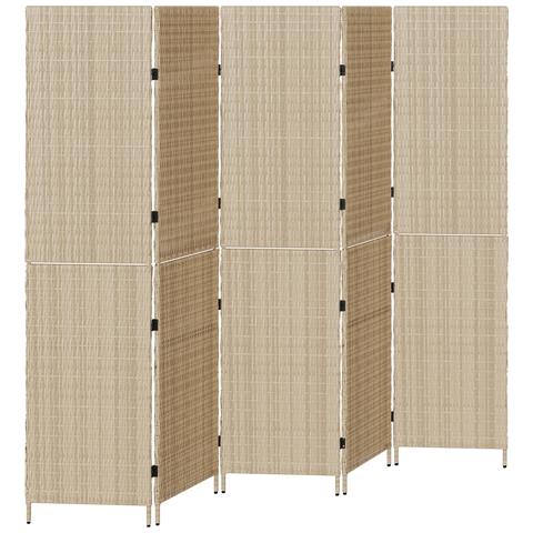 Paravento 5 Pannelli Pieghevole Beige 245x180 cm Poly Rattan - Foto 1