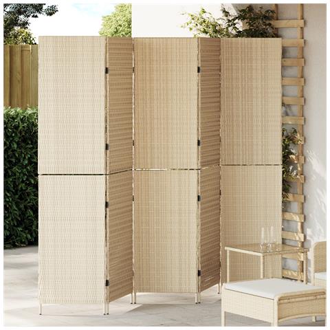Paravento 5 Pannelli Pieghevole Beige 245x180 cm Poly Rattan - Foto 2