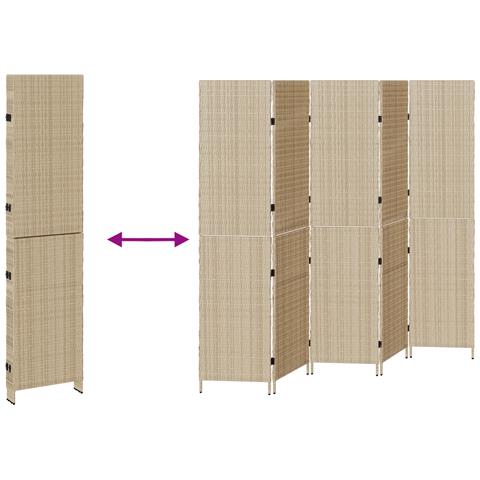 Paravento 5 Pannelli Pieghevole Beige 245x180 cm Poly Rattan - Foto 9