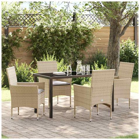 Set da Pranzo per Giardino con cuscino 5 pcs Beige Poly Rattan - Foto 2