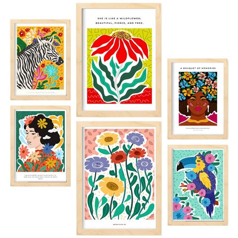 Set Di 6 Stampe Galleria D'arte Astratta Paradise, Dipinti Decorativi Per Il Tuo Soggiorno, Stampe Artistiche Da Parete Per La Casa A3 & A4 Telaio In Legno Chiaro - Foto 1