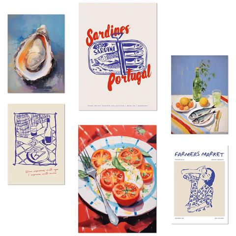 Set Di 6 Stampe Illustrazioni Di Cibo E Dieta Mediterranea In Illustrazioni Di Design Pop Art Per Spazi Domestici A3 & A4 Senza Cornice - Foto 1