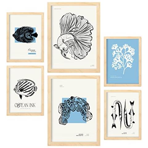 Set Di 6 Stampe Stampe Artistiche Di Pesci E Oceani In Inchiostro Nero Per L'interior Design A3 & A4 Telaio In Legno Chiaro - Foto 1
