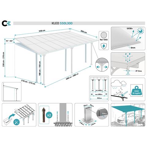 Tettoia Per Terrazza, Auto Addossata Kleo 550l300 Alluminio Bianco - Foto 11
