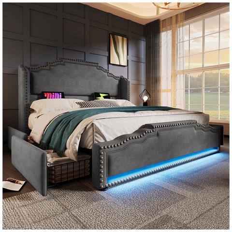 Letto Imbottito 140×200, Letto Matrimoniale Con 4 Cassetti, Letto Contenitore E Letto Per Ragazzi , Grigio - Foto 1