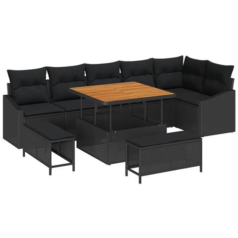 Set di Divani da Giardino  9 Pezzi con Cuscini Nero Polyrattan Acacia, Divano da Giardino  2 Posti con Cuscini Nero Polyrattan, Set da Pranzo da Giardino  3 Pezzi con Cuscini Nero Polyrattan Acacia - Foto 1